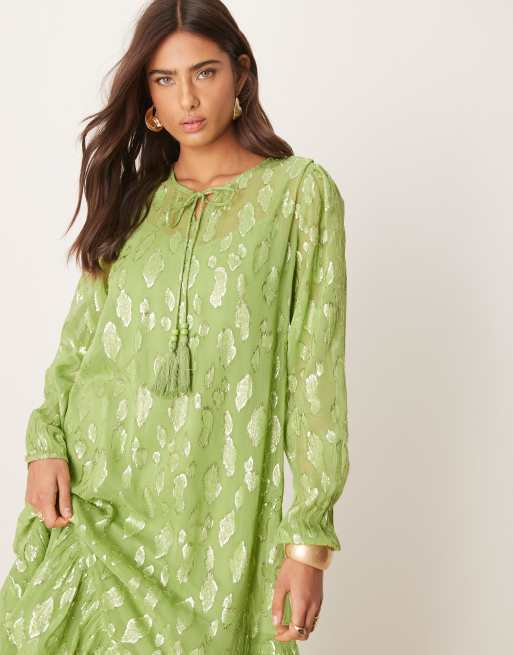 asos metallic green dress Rent Asos Edition Tiered Metallic Floral Jacquard Midi Dress In Ivory