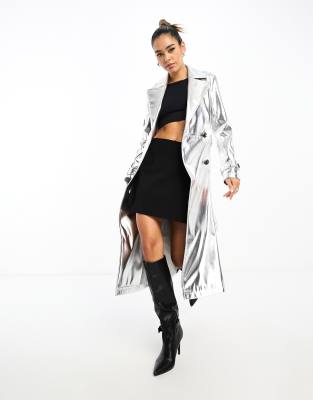 Never Fully Dressed Metallic Pu Midaxi Trench Coat In Silver In Multi