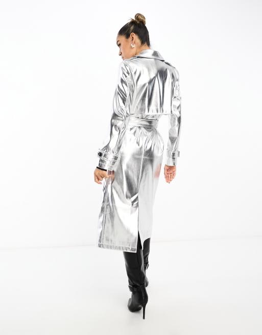 Never Fully Dressed metallic PU midaxi trench coat in silver | ASOS