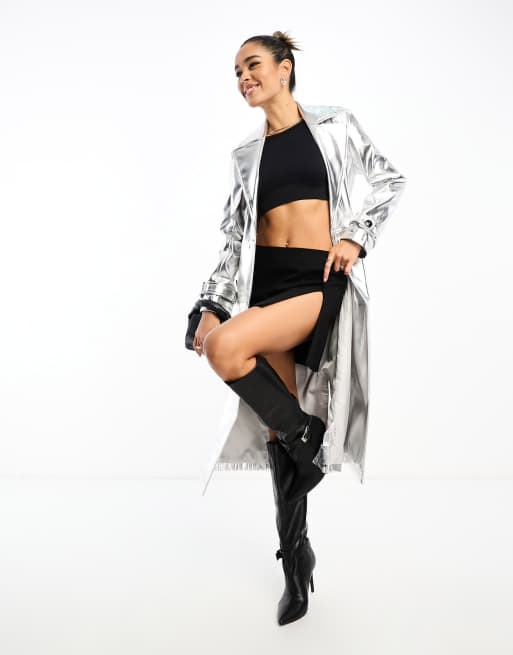 Never Fully Dressed metallic PU midaxi trench coat in silver