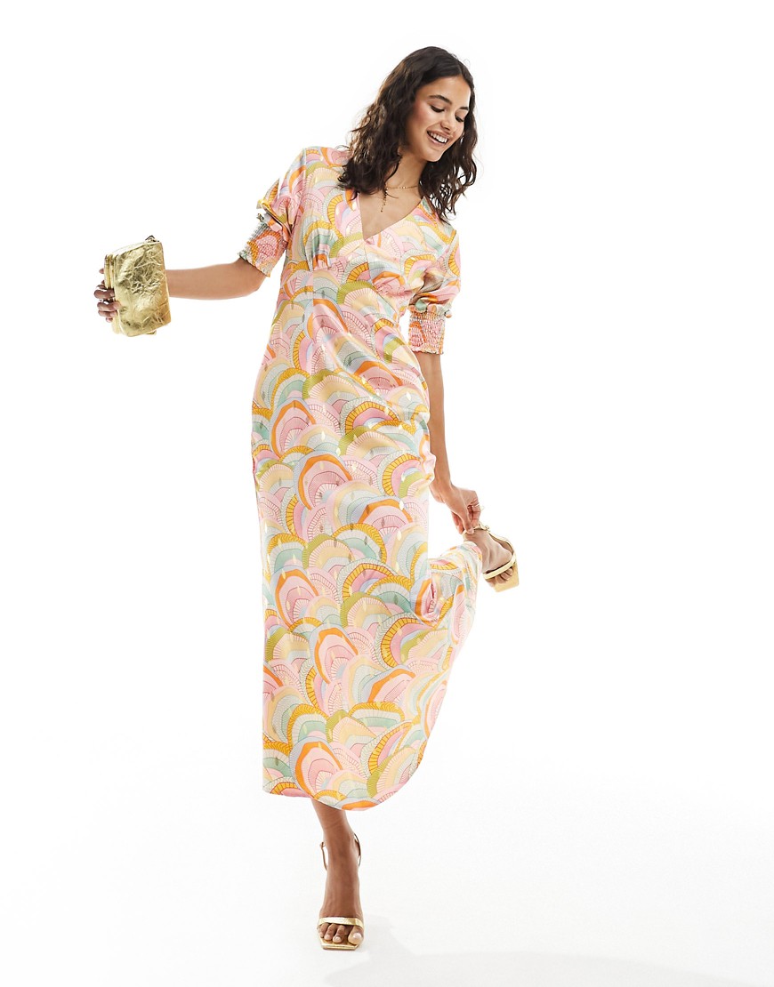 metallic puff sleeve midaxi dress in rainbow print-Multi