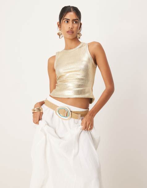 Never Fully Dressed metallic ribbed tank top in gold - view 1