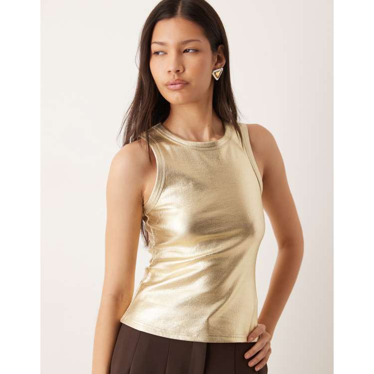 Never Fully Dressed metallic ribbed tank top in gold | ASOS