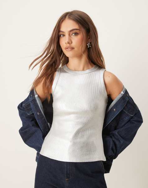 Never Fully Dressed metallic ribbed tank top in silver - view 1