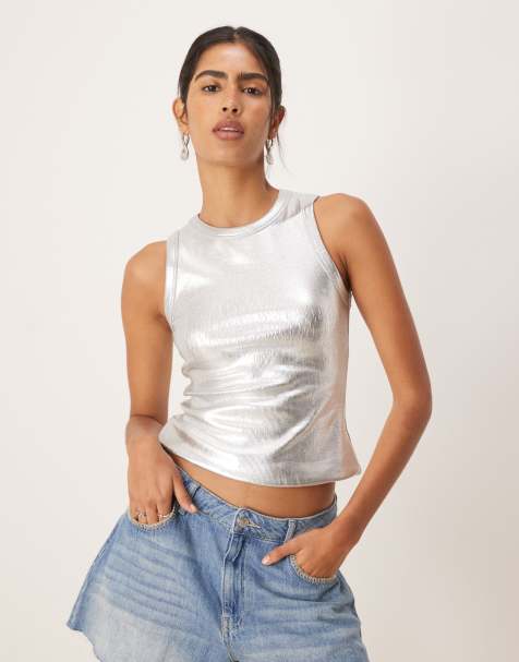 Never Fully Dressed metallic ribbed tank top in silver - view 1