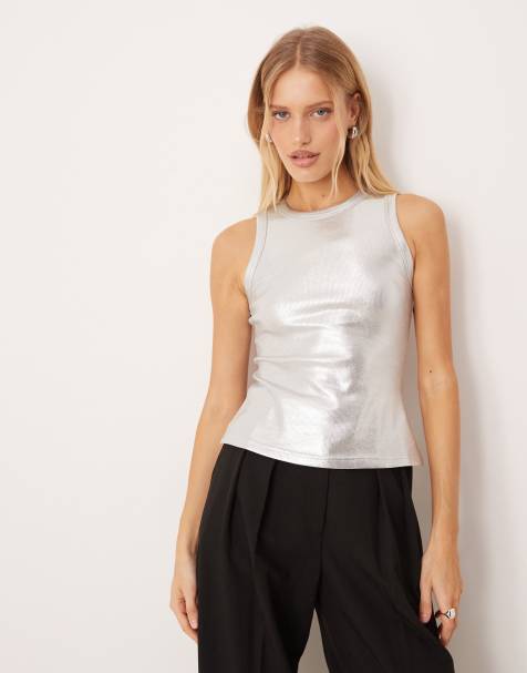 Never Fully Dressed metallic ribbed tank top in silver