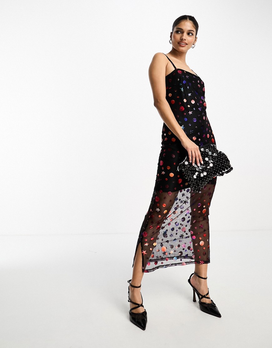 Never Fully Dressed metallic space print midaxi dress in black