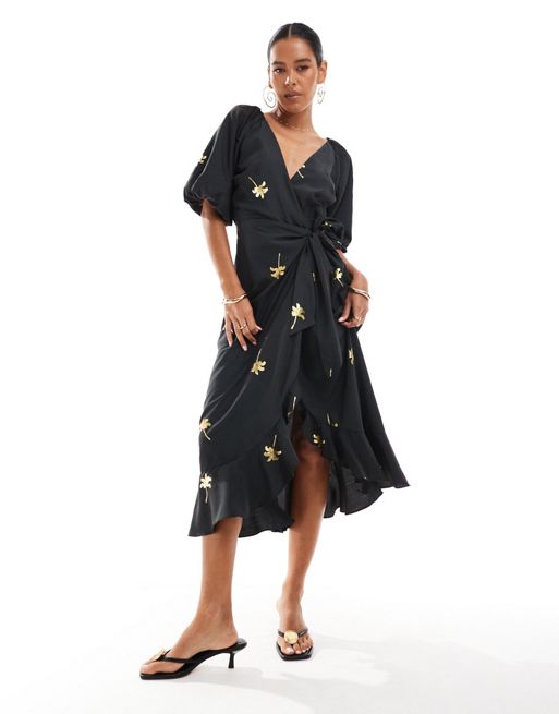 Never Fully Dressed metallic wrap midaxi dress in black gold shell | ASOS