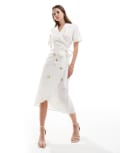 [Never Fully Dressed] Never Fully Dressed metallic wrap midi dress in white and gold 14 White/Gold