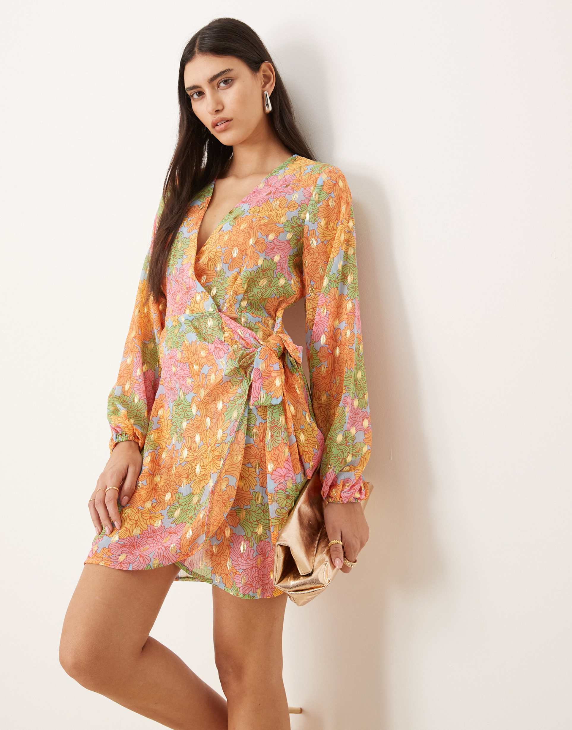 never fully dressed metallic wrap mini dress in multi-color