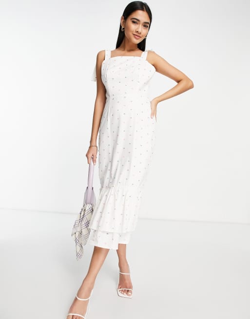 Never Fully Dressed – Mia – Gesmoktes Midikleid in Weiß mit Motiven in Regenbogenfarben
