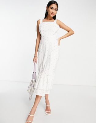 Never Fully Dressed Mia rainbow stitch shirred midi dress in white | ASOS