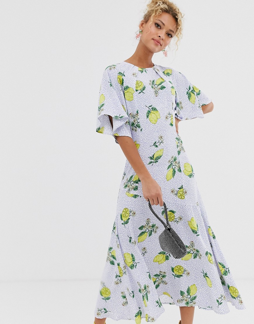 Never Fully Dressed - Midaxi-jurk met kapmouwen en citroenprint-Multi