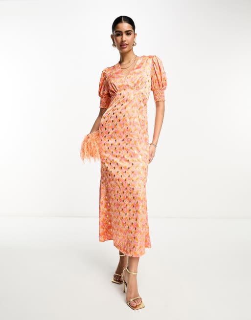 Never Fully Dressed - Midaxi jurk met pofmouwen in ombre schelpenprint