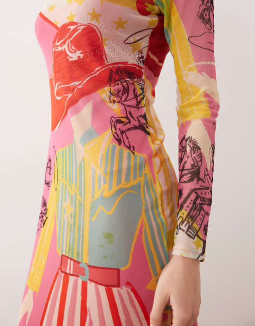 Never Fully Dressed - Midaxi-jurk van mesh met gemengde Dallas-print, 2 van 4