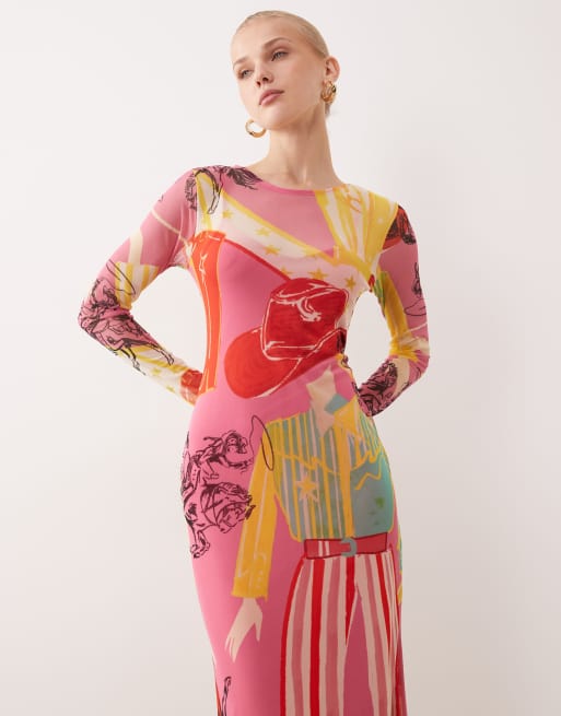 Never Fully Dressed - Midaxi-jurk van mesh met gemengde Dallas-print, 4 van 4
