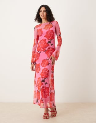Never Fully Dressed - Midaxi jurk van mesh met lange mouwen in roze en rood - view 1