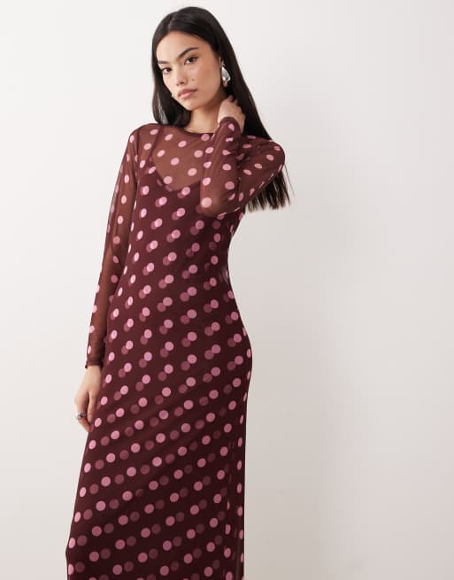 Never Fully Dressed - Midaxi jurk van mesh met stippen in chocoladebruin, 4 van 4