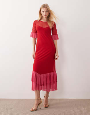 Never Fully Dressed - Midaxi-Kleid aus Netzstoff in Rot und Rosa mit Flatterärmeln und Rüschensaum