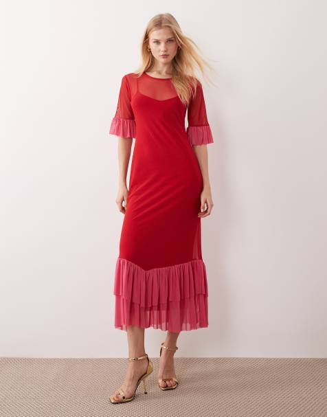 Never Fully Dressed – Midaxi-Kleid aus Netzstoff in Rot und Rosa mit Flatterärmeln und Rüschensaum - view 1