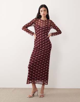 Never Fully Dressed - Midaxi-Kleid aus Netzstoff in Schokobraun mit Polka Dots-Brown