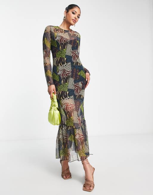 Never Fully Dressed – Midaxi-Kleid aus Netzstoff mit kontrastierendem Tierfellmuster