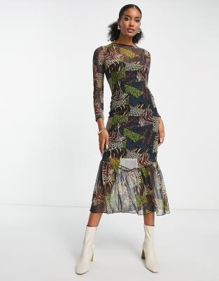 Never Fully Dressed - Midaxi-Kleid aus Netzstoff mit kontrastierendem Tierfellmuster-Bunt