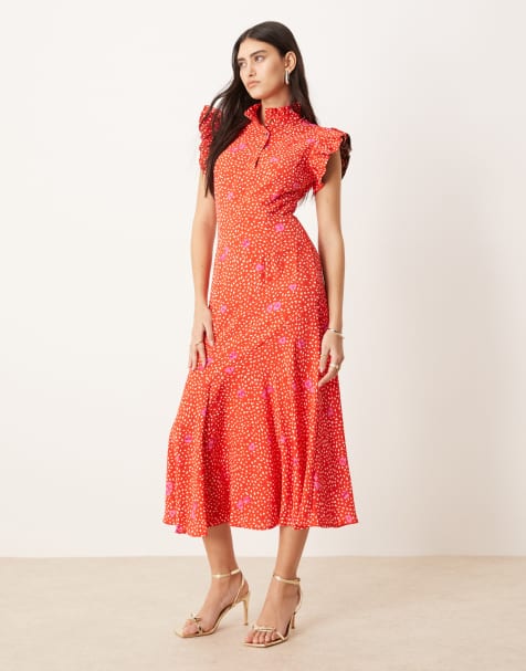 Never Fully Dressed – Midaxi-Kleid in Rot und Rosa mit kontrastierendem Ärmel - view 1