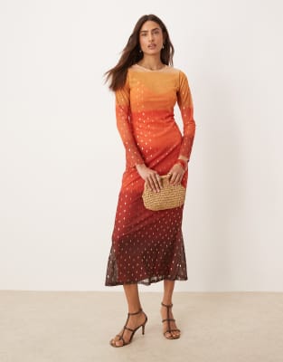 Never Fully Dressed - Midaxi-Kleid mit Sonnenuntergangs-Farbverlauf in Orange und Rot aus Netzstoff