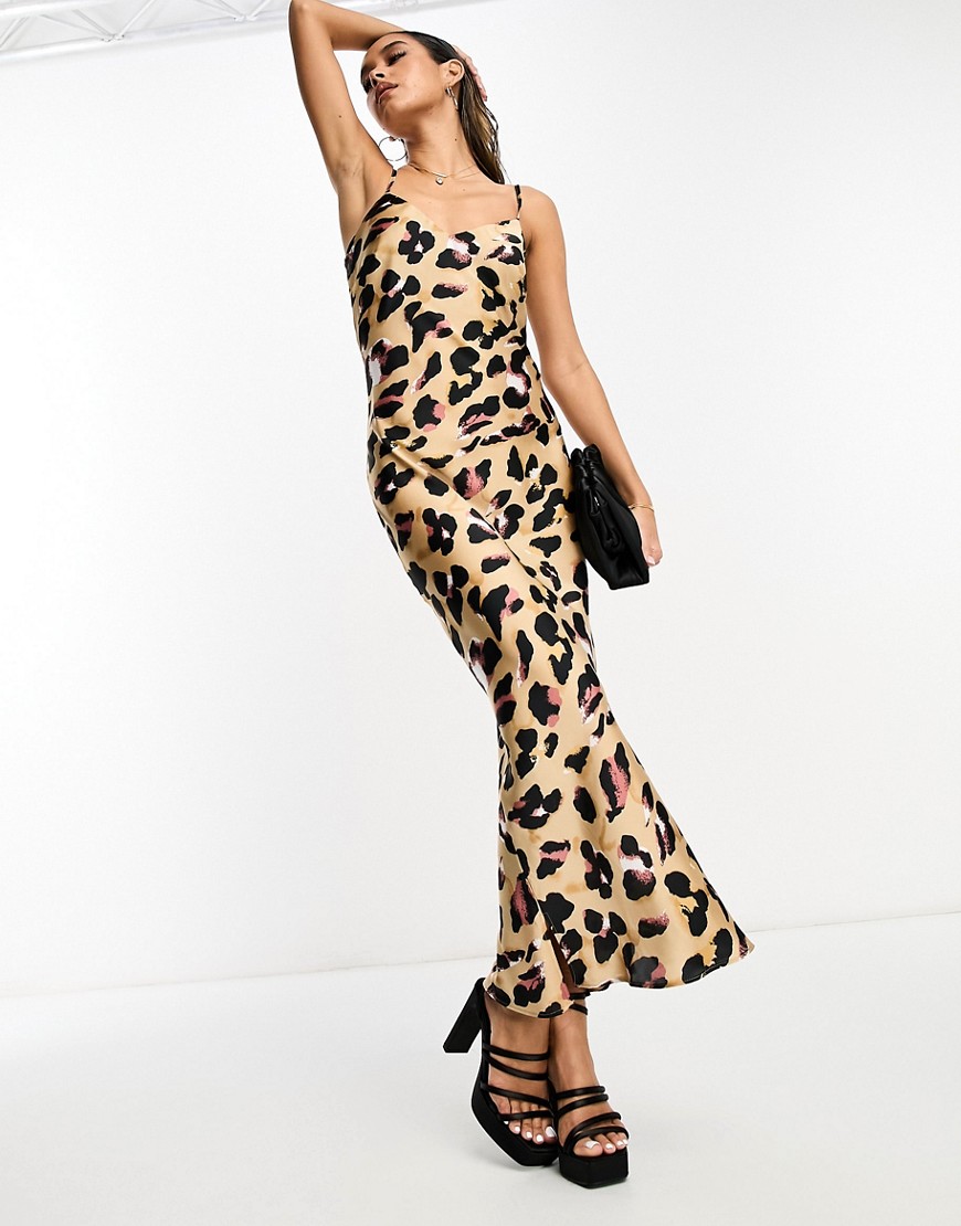 midaxi slip dress in leopard print-Brown