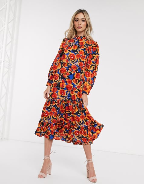 Never Fully Dressed – Midaxi-Swingkleid mit gerafftem Ausschnitt und kontrastierendem Blumenmuster