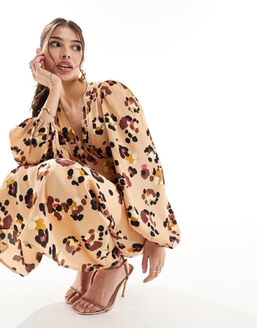 Never Fully Dressed – Midaxi-Wickelkleid aus Satin mit langen Ärmeln und Tierfellmuster
