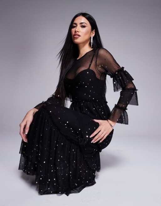 Never Fully Dressed – Midaxikleid aus Netzstoff in Schwarz mit Sternenprint, 2 von 4