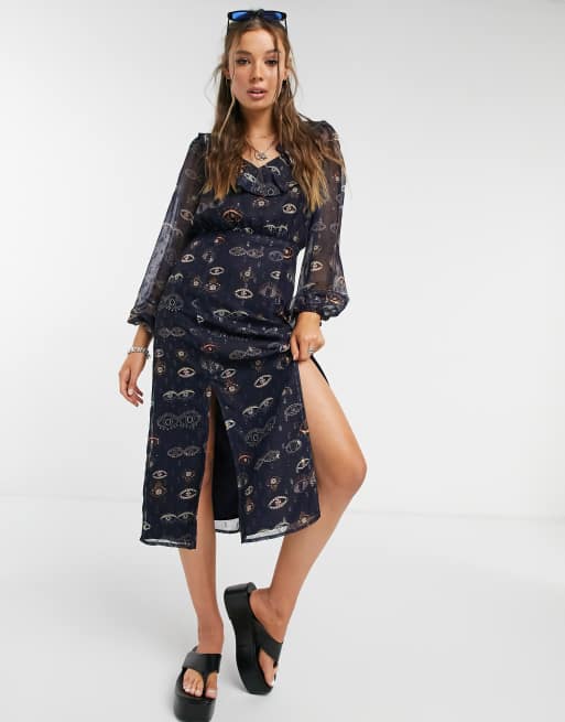 Never Fully Dressed – Midi-Freizeitkleid mit Volantkragen, Schlitzen und Augenprint