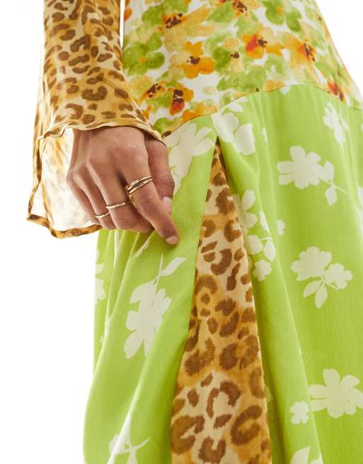 Never Fully Dressed - Midi jurk met lange mouwen en contrasterende bloemen- en luipaardprint, 2 van 4