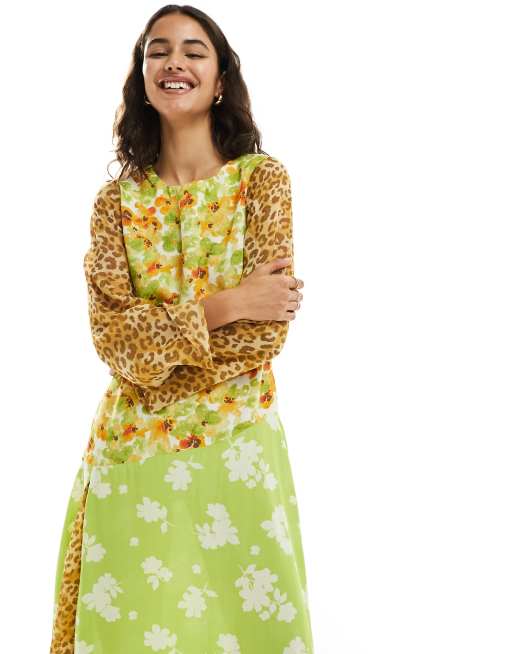 Never Fully Dressed - Midi jurk met lange mouwen en contrasterende bloemen- en luipaardprint, 4 van 4