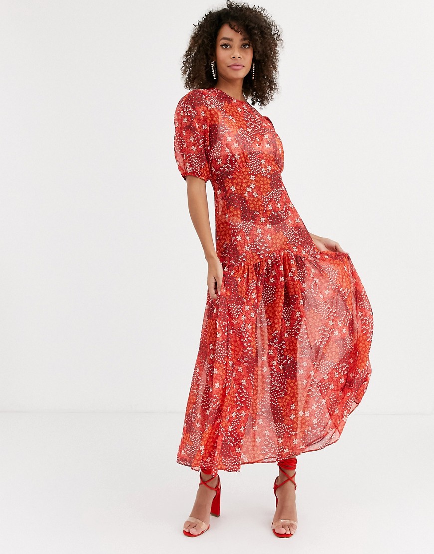 Never Fully Dressed - Midi-jurk met pofmouwen en rode bloemenprint-Rood