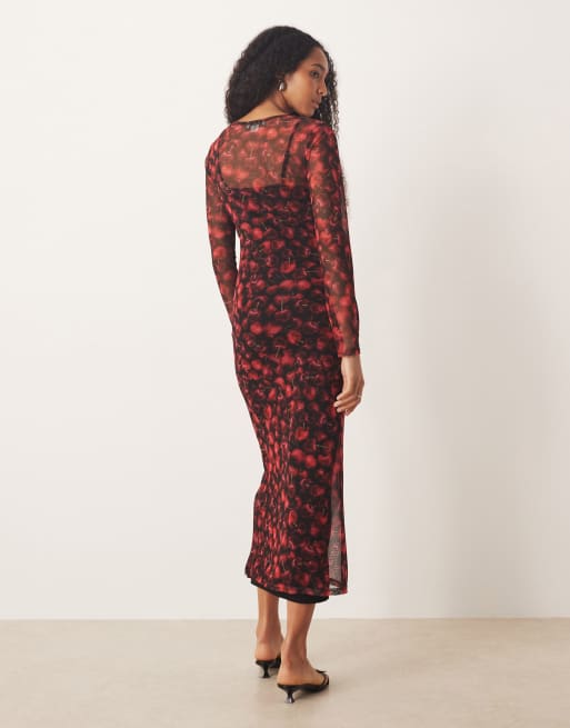 Never Fully Dressed - Midi-jurk van mesh met rode kersenprint, 3 van 4