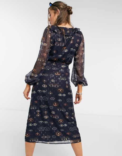 進化版 ネバーフリードレスド レディース ワンピース トップス Never Fully Dressed Midi Tea Dress With Ruffle Collar And Slits In Eye Print Eye Print さらに値下げ Www Pictoaplicaciones Com