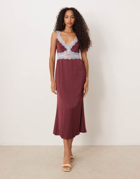 Never Fully Dressed Mimi contrast lace trim satin midaxi dress in burgundy - view 1