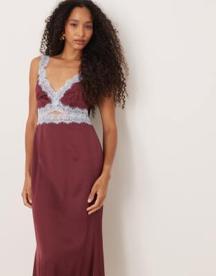 Never Fully Dressed Mimi Contrast Lace Trim Satin Midaxi Dress In Burgundy