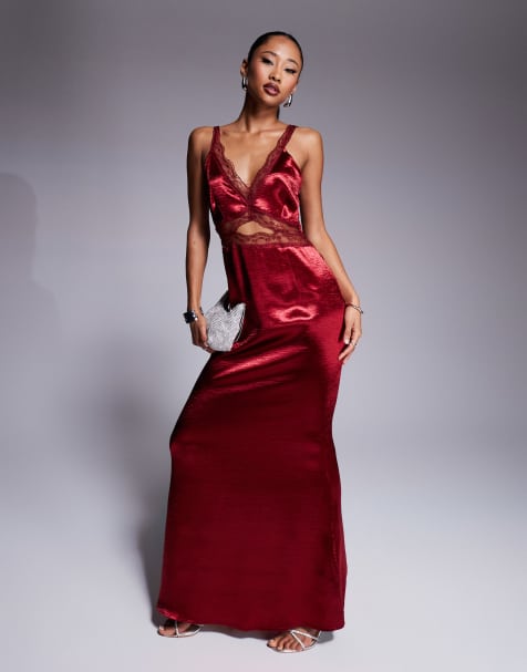Never Fully Dressed – Mimi – Czerwonobrunatna sukienka midaxi na ramiączkach z koronką i wycięciem - view 1