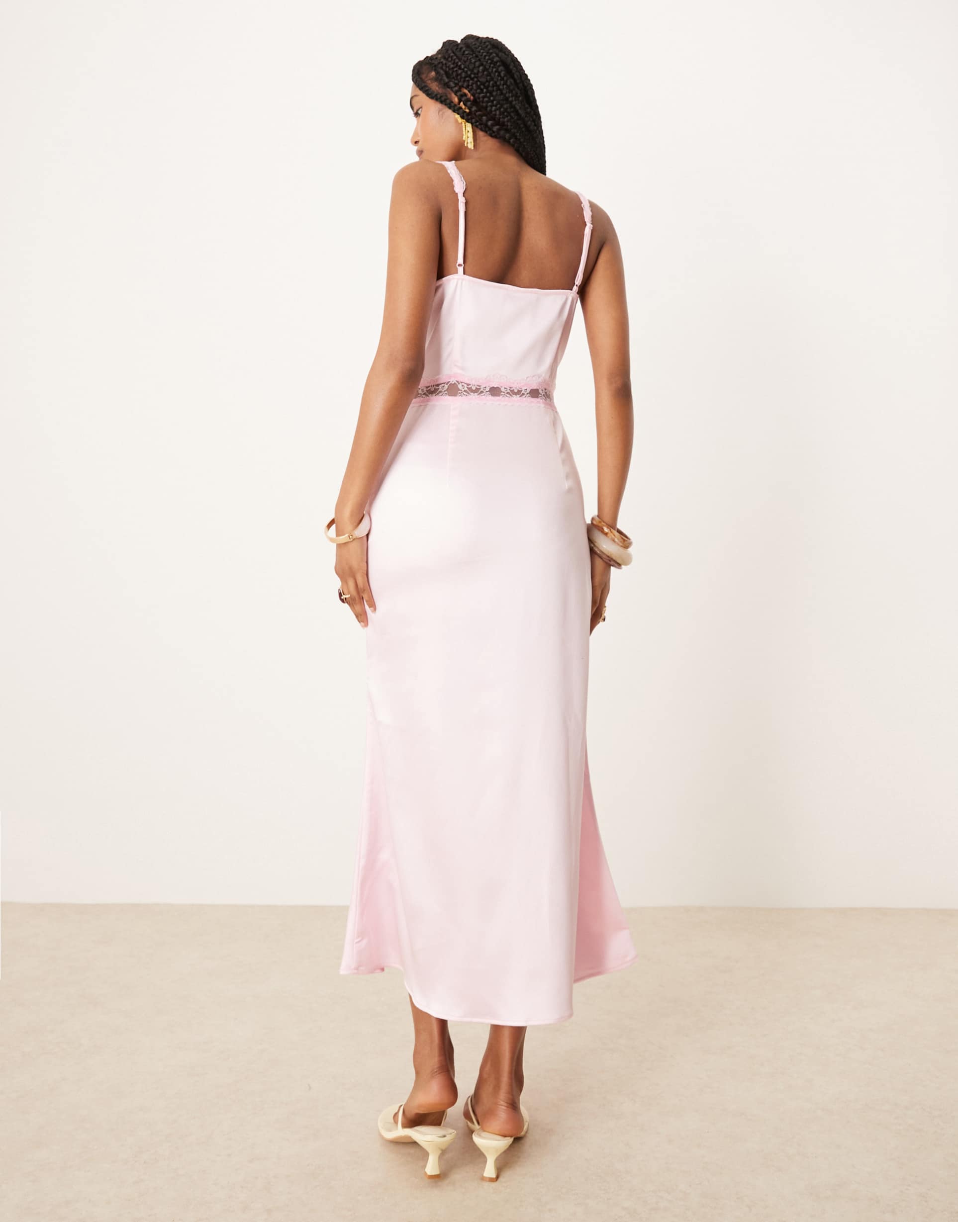 never fully dressed mimi lace cut-out satin midaxi dress in soft pink
