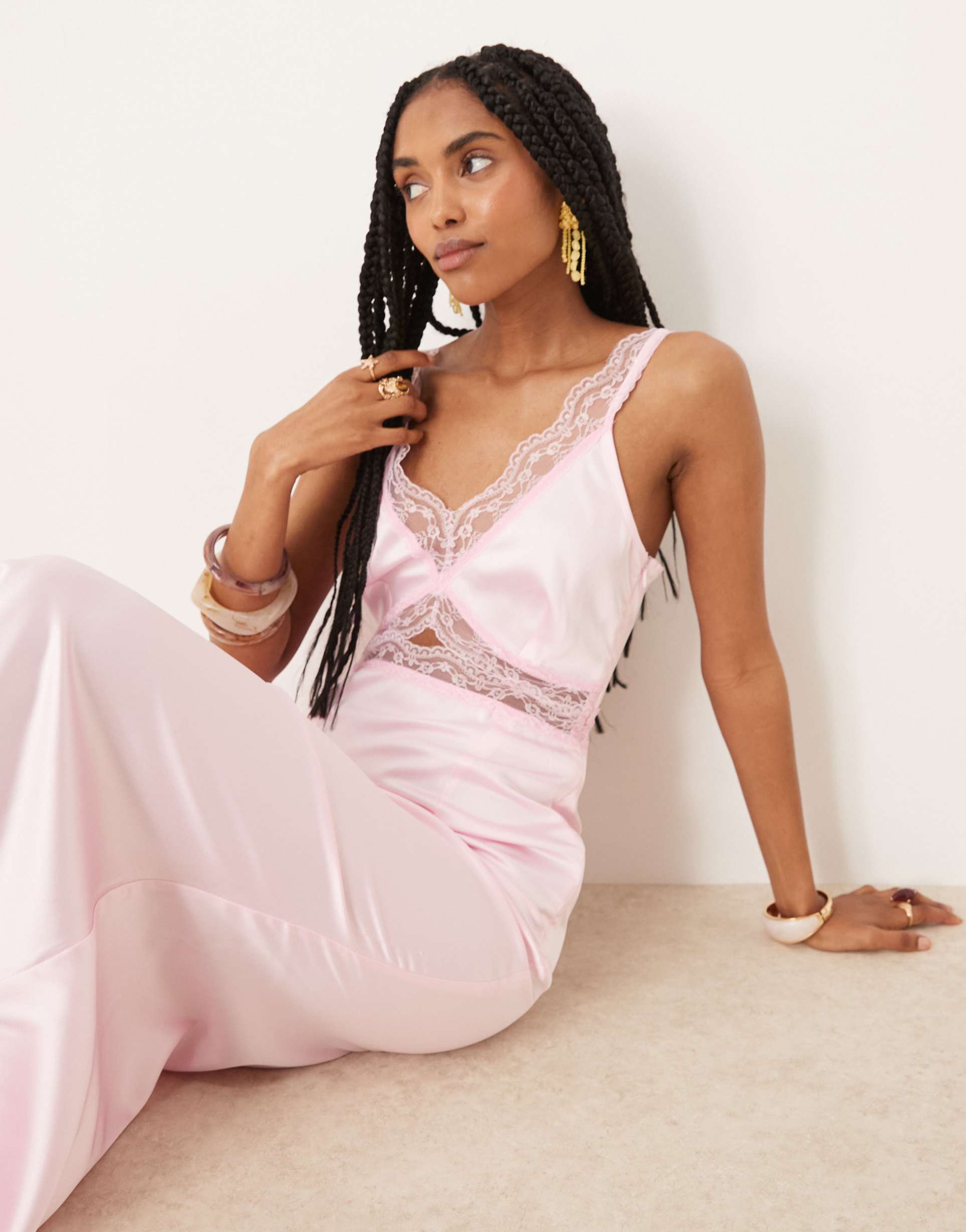 never fully dressed mimi lace cut-out satin midaxi dress in soft pink
