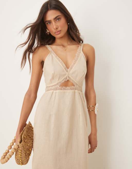 Never Fully Dressed Mimi linen cut-out midaxi dress in oatmeal, 3 of 4