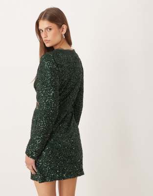 Never Fully Dressed Mimi Long Sleeve Embellished Mini Dress In Green