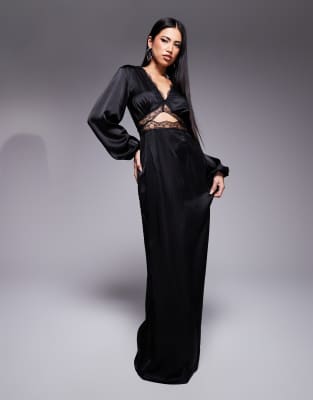 Mimi long sleeve lace cut-out slip maxi dress in black