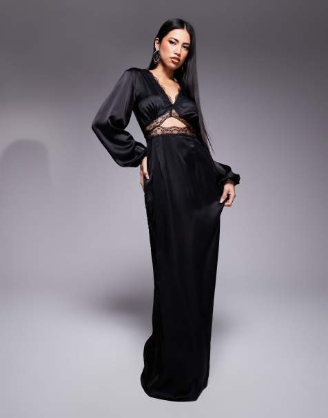 Never Fully Dressed - Mimi - Maxi slipdress met lange mouwen en uitsnijding met kant in zwart - view 1