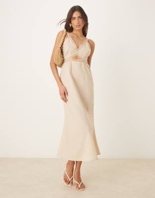 Never Fully Dressed - Mimi - Midaxi-Kleid aus hellbeigem Leinen mit Zierausschnitt-Neutral