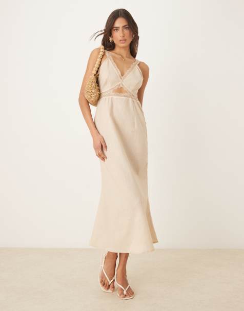 Never Fully Dressed – Mimi – Midaxi-Kleid aus hellbeigem Leinen mit Zierausschnitt - view 1